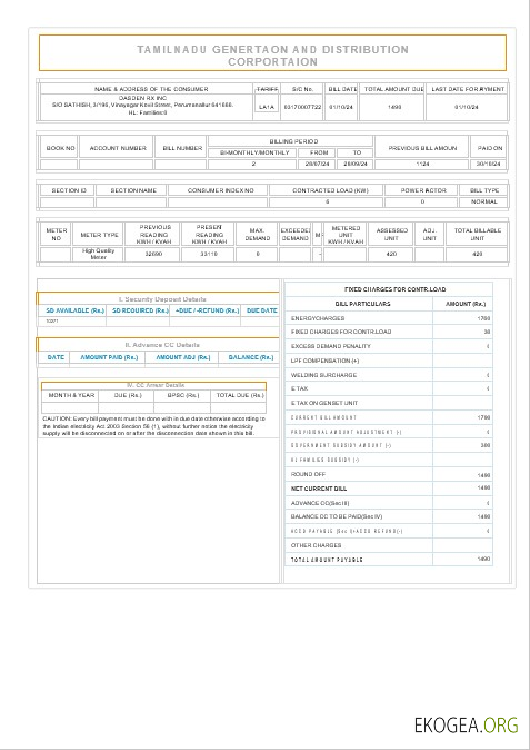 Modèle Word et PDF de facture de services publics pour les entreprises INDE TAMILNADU